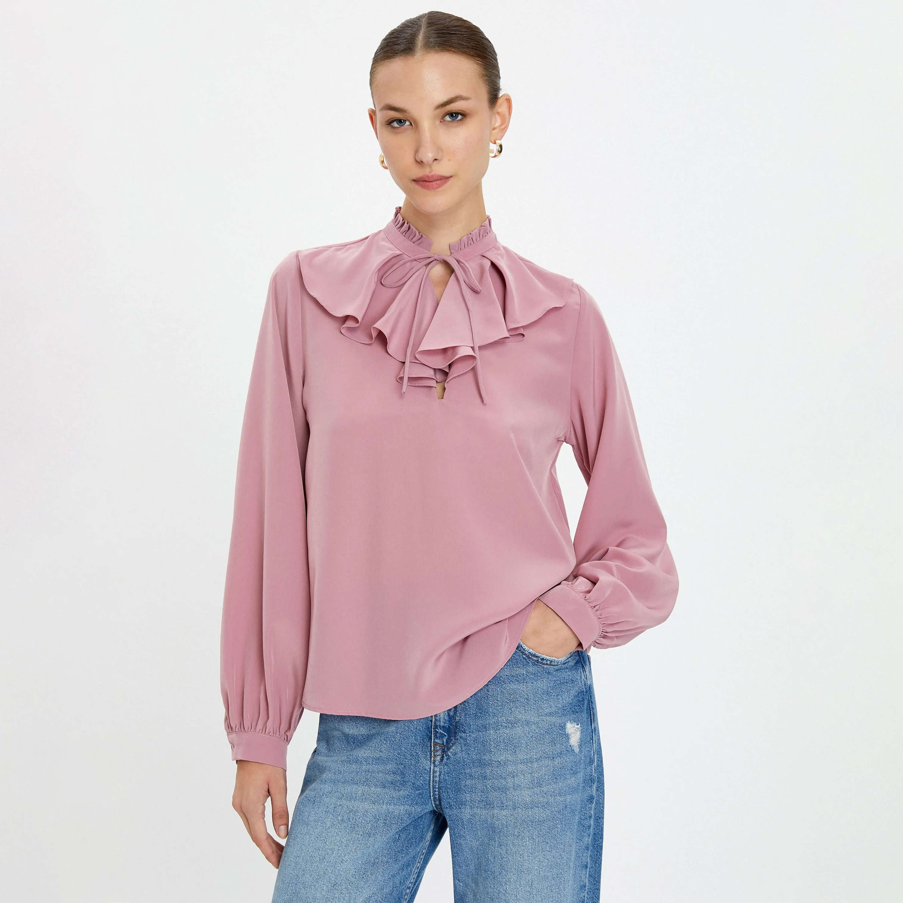 بلوزة بفتحة رقبة مكشكشة باللون الوردي للنساء من كوتون-women-clothing-plussize-shirtsandblouses-blouses-image-1