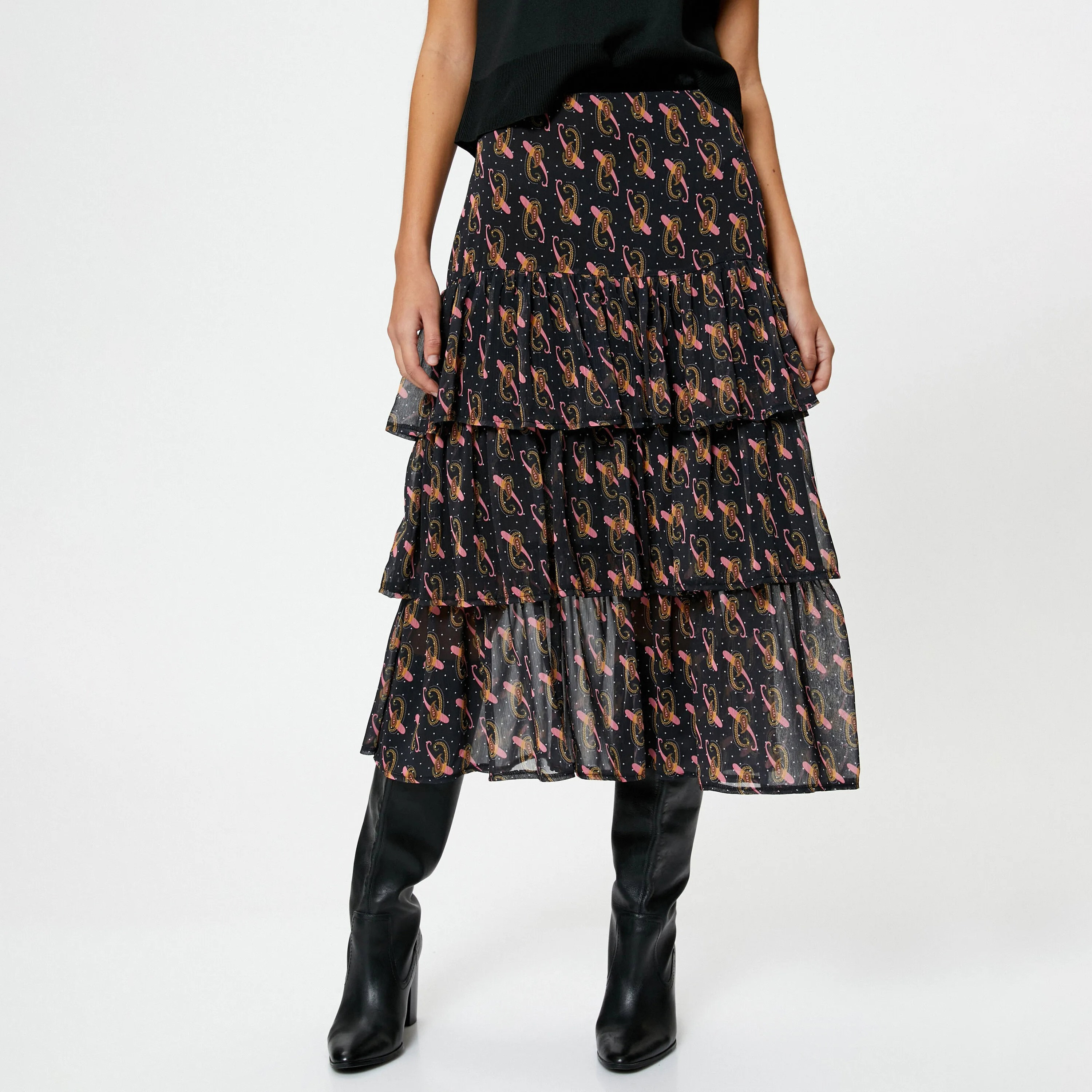 KOTON Pink Paisley Chiffon Tiered Women's Midi Skirt-women-clothing-skirts-image-1