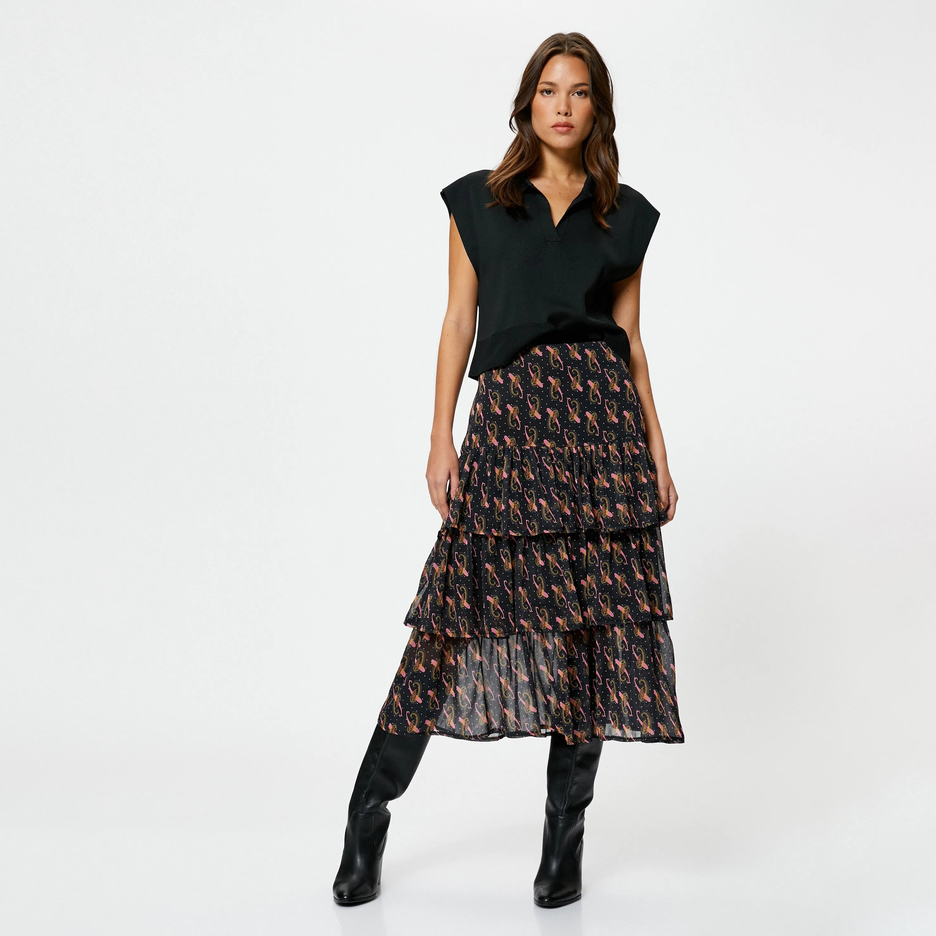 KOTON Pink Paisley Chiffon Tiered Women's Midi Skirt-women-clothing-skirts-image-2
