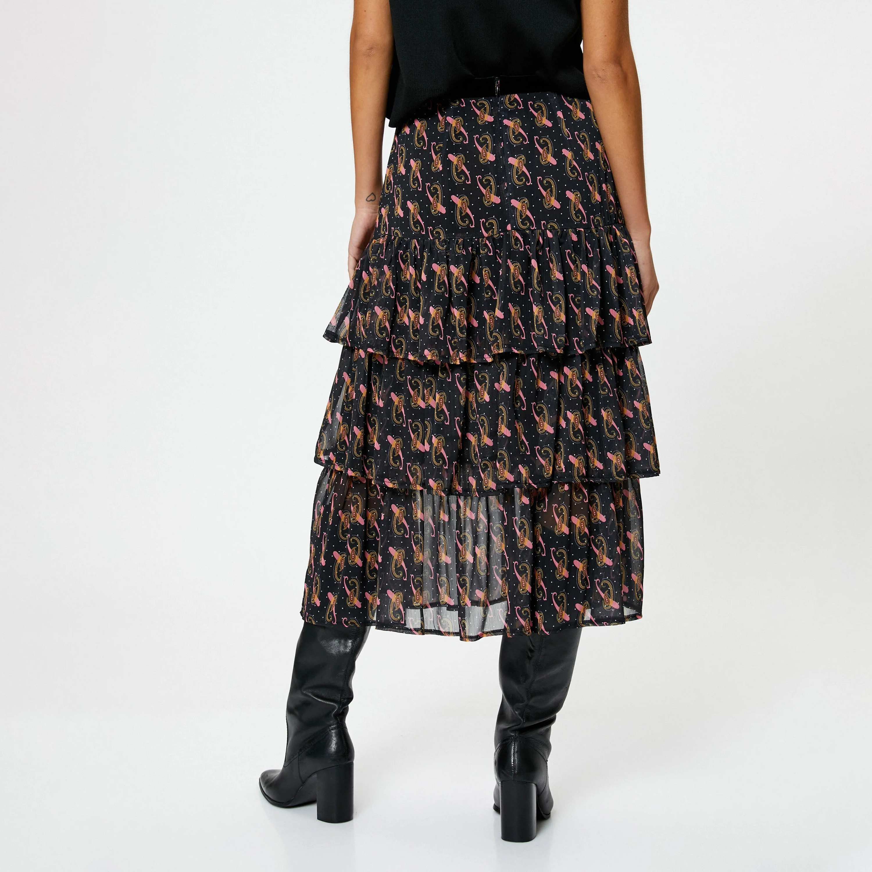 KOTON Pink Paisley Chiffon Tiered Women's Midi Skirt-women-clothing-skirts-image-3
