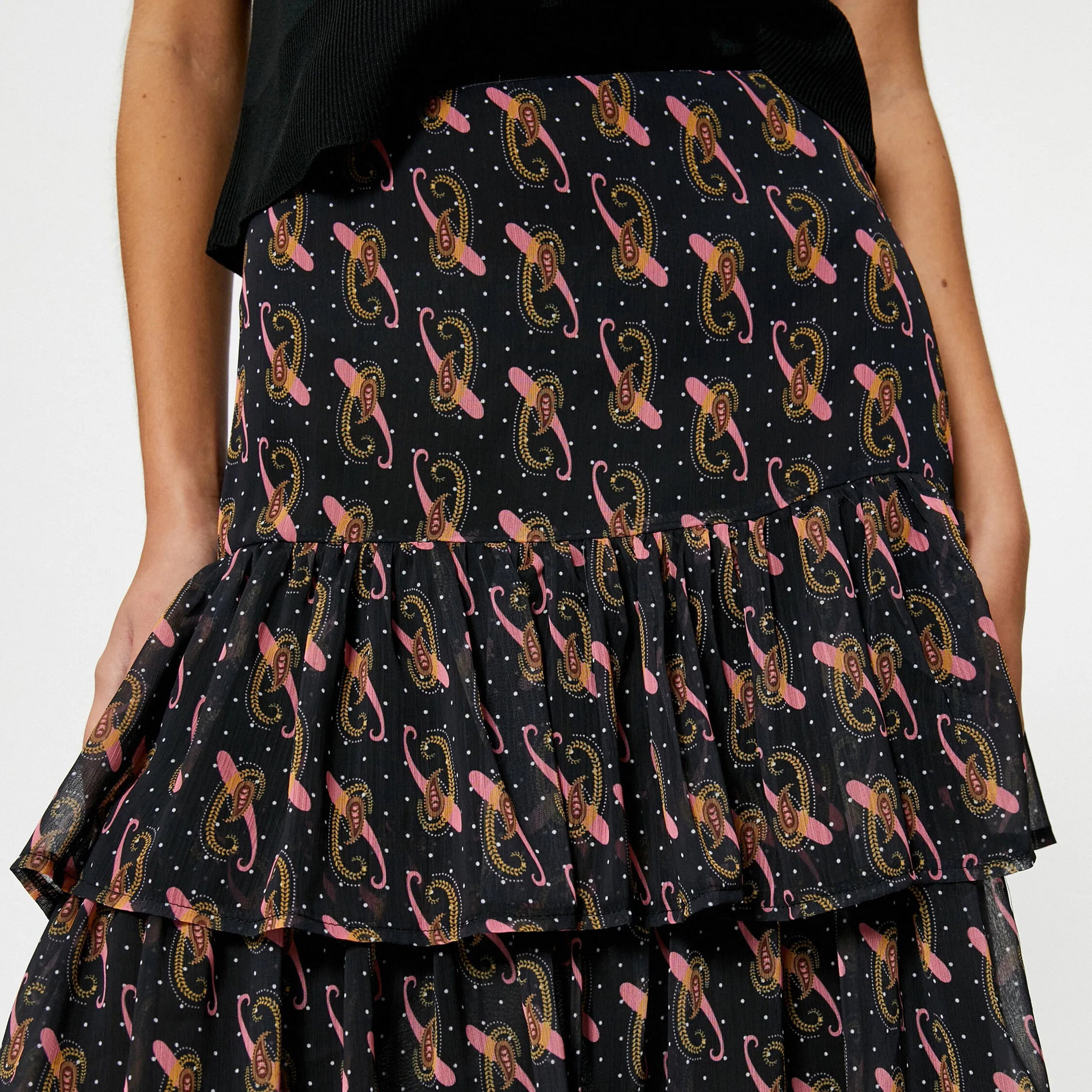 KOTON Pink Paisley Chiffon Tiered Women's Midi Skirt-women-clothing-skirts-image-4