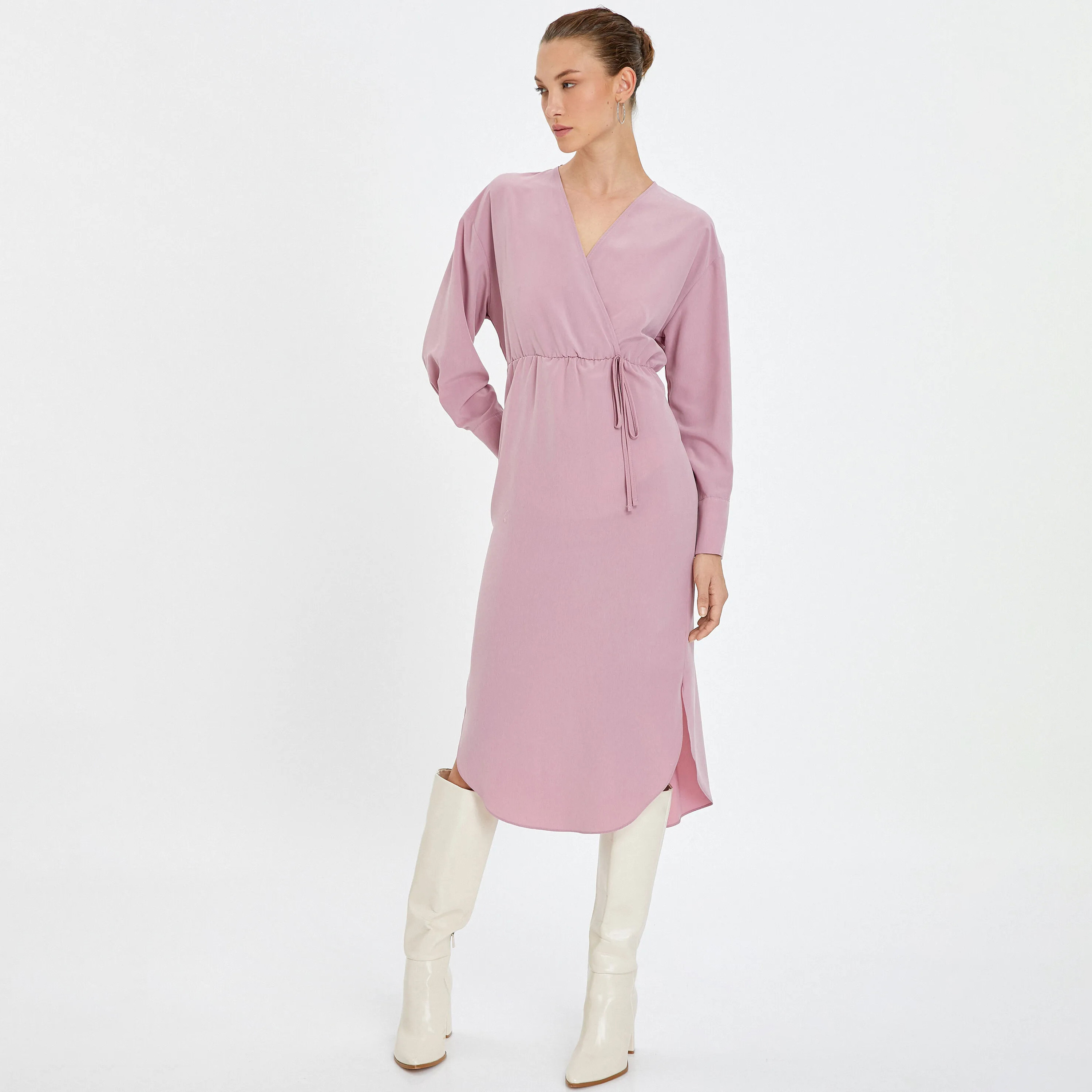 KOTON Pink Surplice Neck Wrap Women's Midi Dress-women-clothing-dresses-image-1