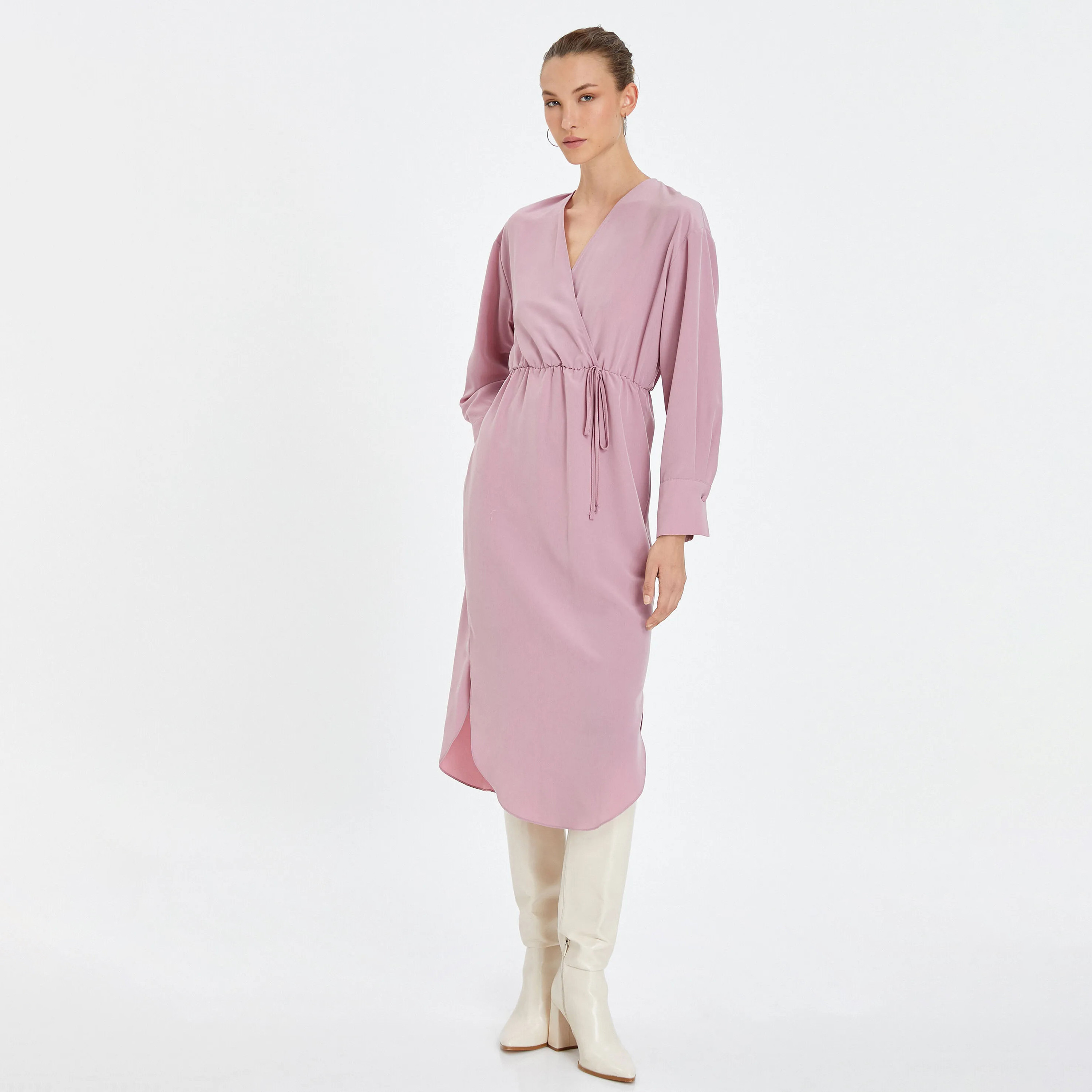 KOTON Pink Surplice Neck Wrap Women's Midi Dress-women-clothing-dresses-image-2