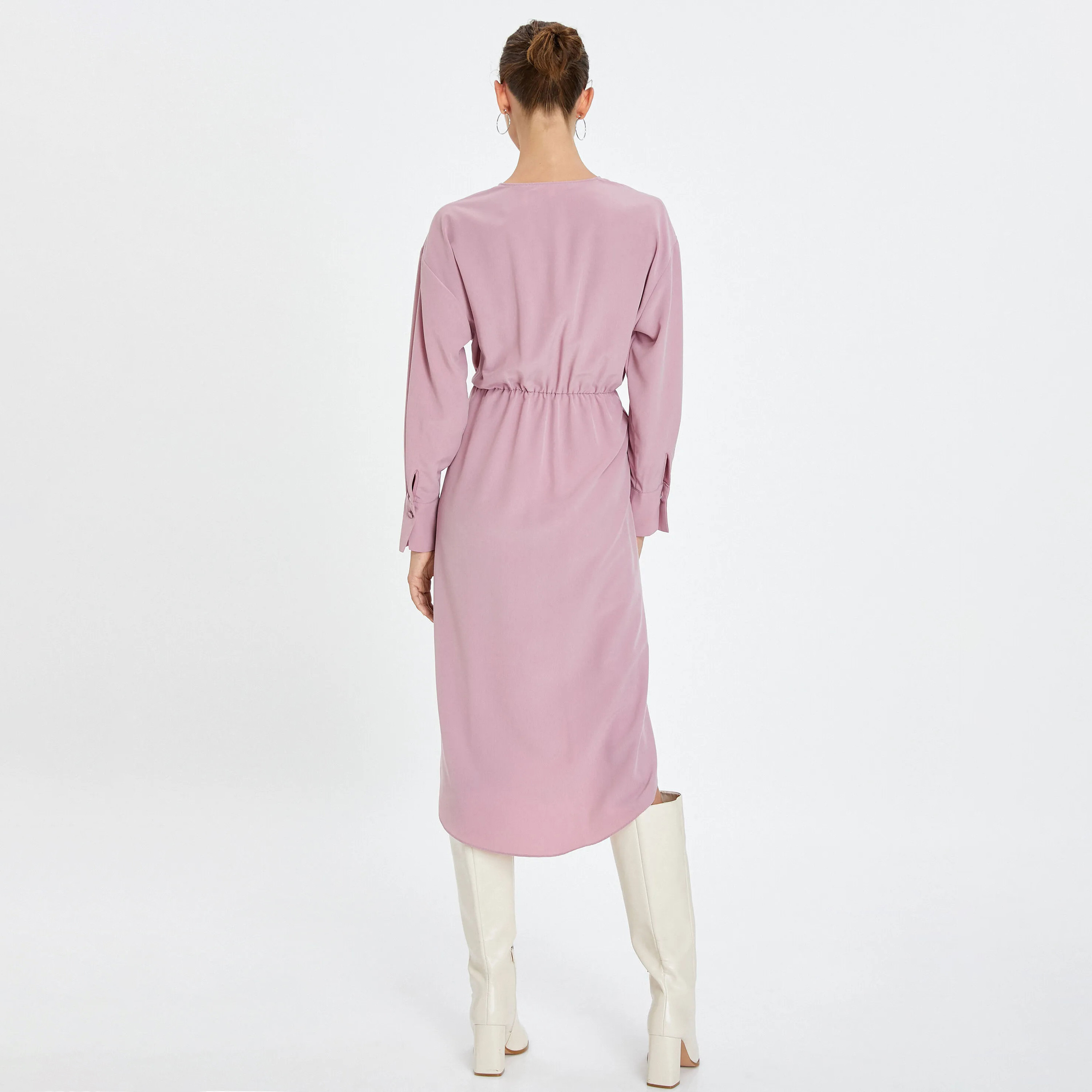 KOTON Pink Surplice Neck Wrap Women's Midi Dress-women-clothing-dresses-image-3