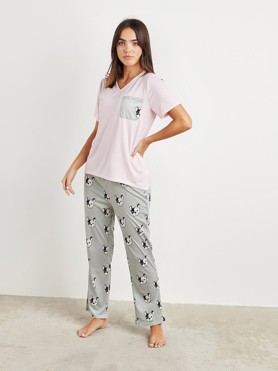 طقم بيجاما تيشيرت سادة وبطلون مطبوع من ستايلي-women-clothing-nightwear-pyjamas-longsets-image-3