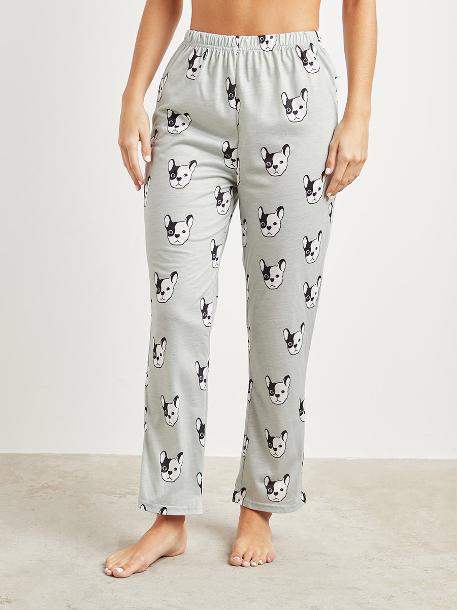 طقم بيجاما تيشيرت سادة وبطلون مطبوع من ستايلي-women-clothing-nightwear-pyjamas-longsets-image-5