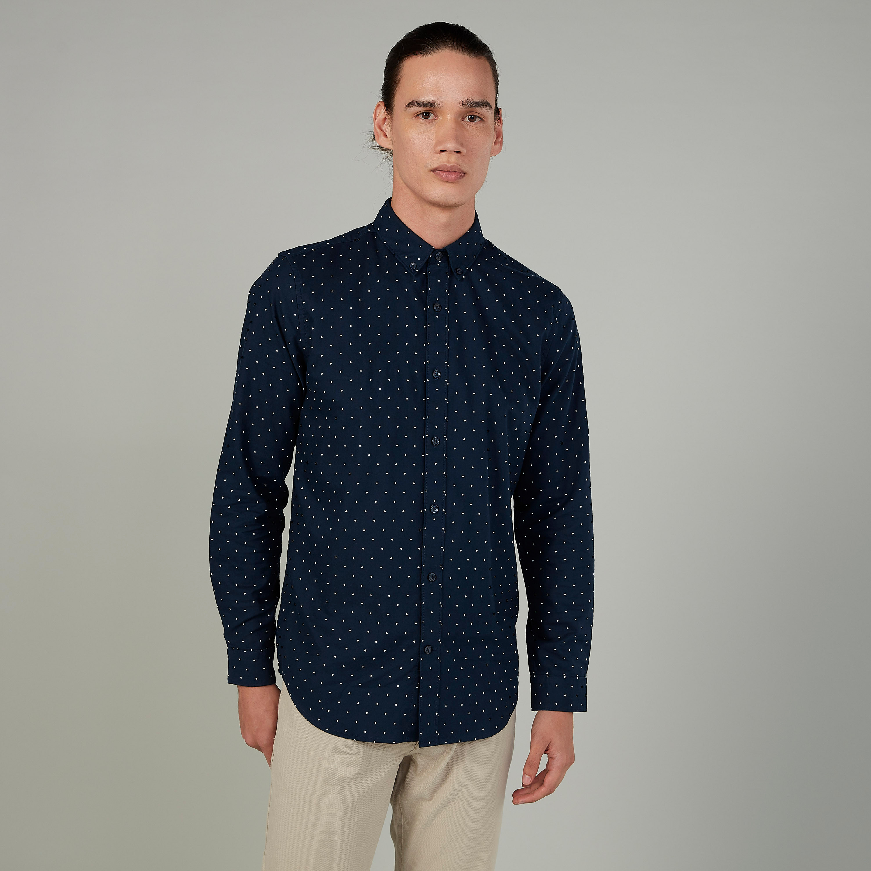 Polka Dot Printed Shirt with Spread Collar and Long Sleeves-men-clothing-shirts-image-1
