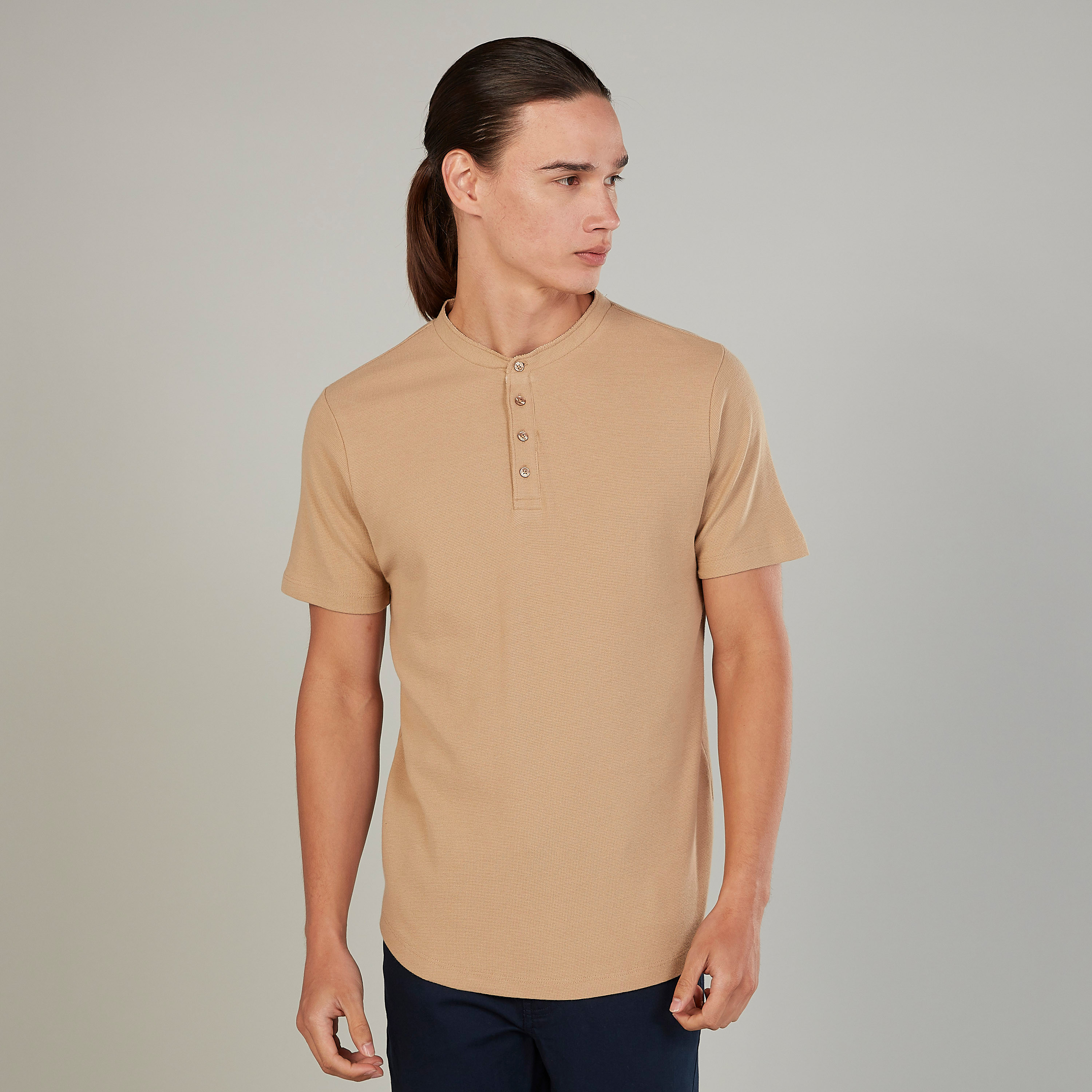 Shop Sustainable Slim Fit Solid Henley Neck T-shirt with Short Sleeves  Online | Splash UAE