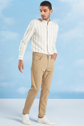 Sustainable Striped Linen Shirt with Mandarin Collar and Long Sleeves
