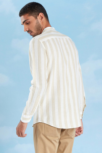 Sustainable Striped Linen Shirt with Mandarin Collar and Long Sleeves
