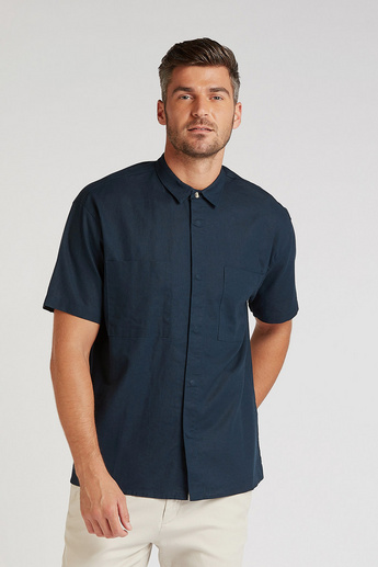 Solid Linen Shirt with Spread Collar and Short Sleeves
