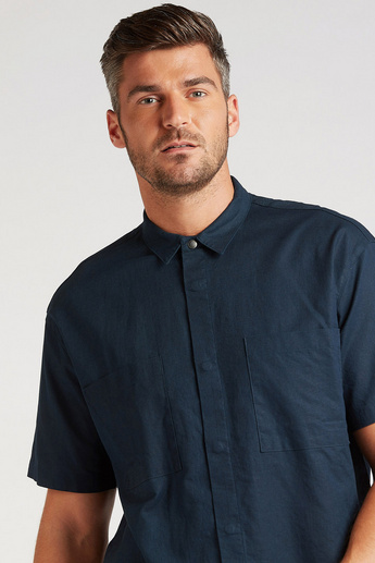 Solid Linen Shirt with Spread Collar and Short Sleeves
