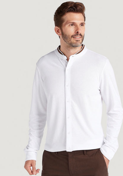 Solid Slim Fit Shirt with Mandarin Neck and Long Sleeves