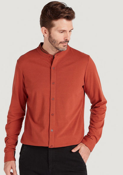 Solid Slim Fit Shirt with Mandarin Neck and Long Sleeves
