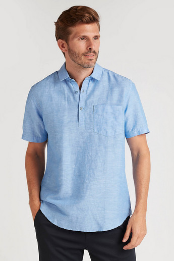 Sustainable Slim Fit Textured Shirt with Short Sleeves and Patch Pocket