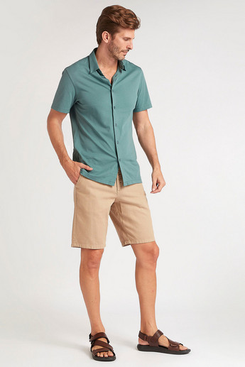 Sustainable Textured Slim Fit Mid-Rise Shorts with Button Closure