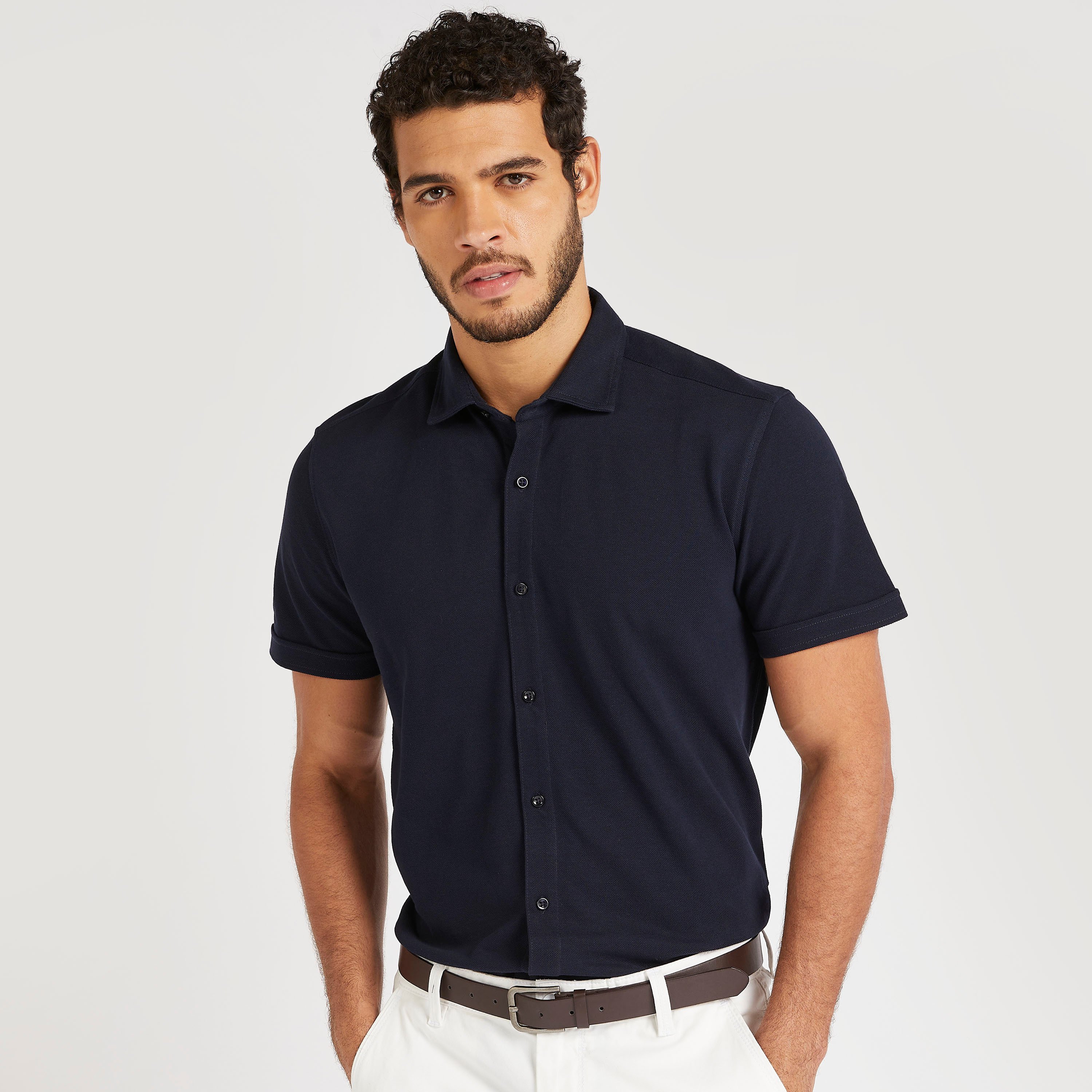 Slim Fit Solid Collared Shirt with Short Sleeves-men-clothing-shirts-image-1