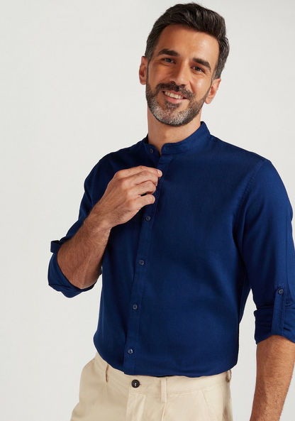 Textured Shirt with Mandarin Collar and Long Sleeves