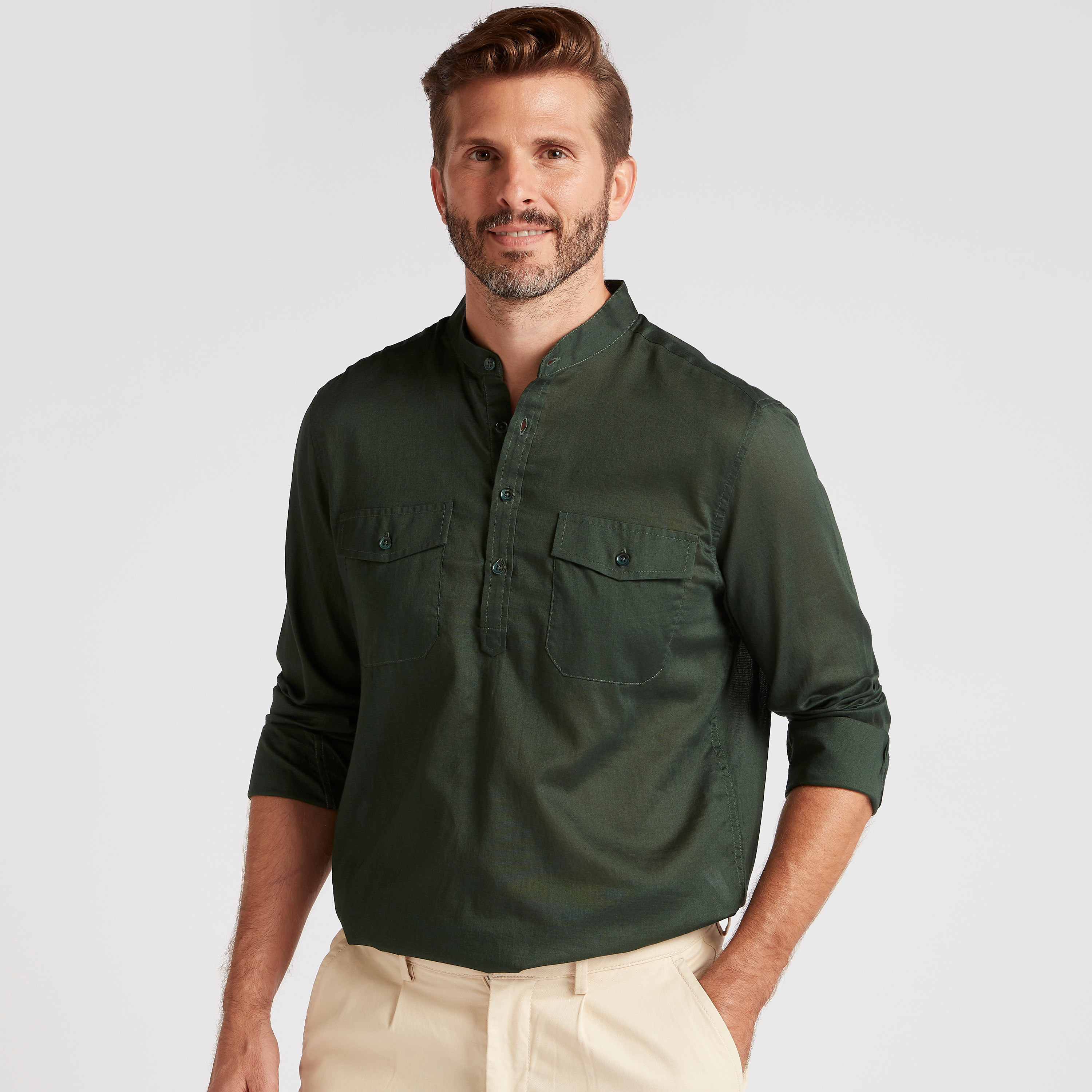 Slim Fit Solid Half Placket Shirt with Mandarin Collar