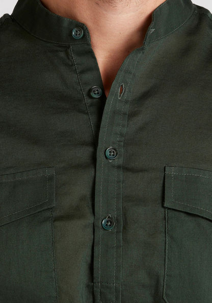 Slim Fit Solid Half Placket Shirt with Mandarin Collar