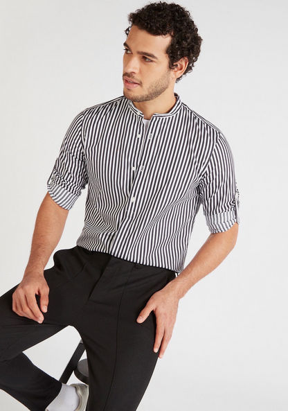 Striped Shirt with Long Sleeves and Mandarin Collar