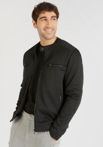 Solid Zip Through Biker Jacket with Pockets and Long Sleeves-Jackets-image-0