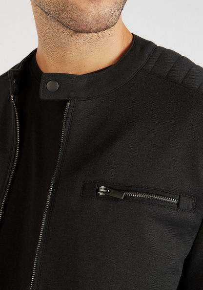 Solid Zip Through Biker Jacket with Pockets and Long Sleeves-Jackets-image-4