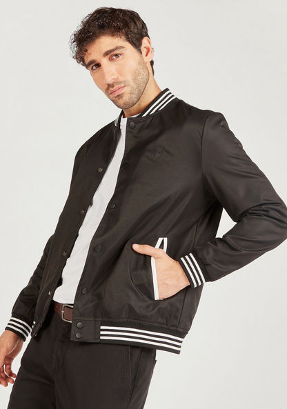 Solid Bomber Jacket with Pockets and Button Closure-Jackets-image-0