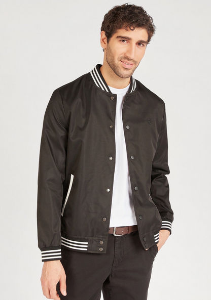 Solid Bomber Jacket with Pockets and Button Closure-Jackets-image-4