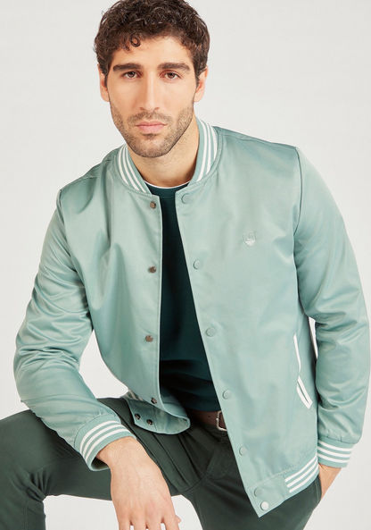 Solid Bomber Jacket with Pockets and Button Closure-Jackets-image-0