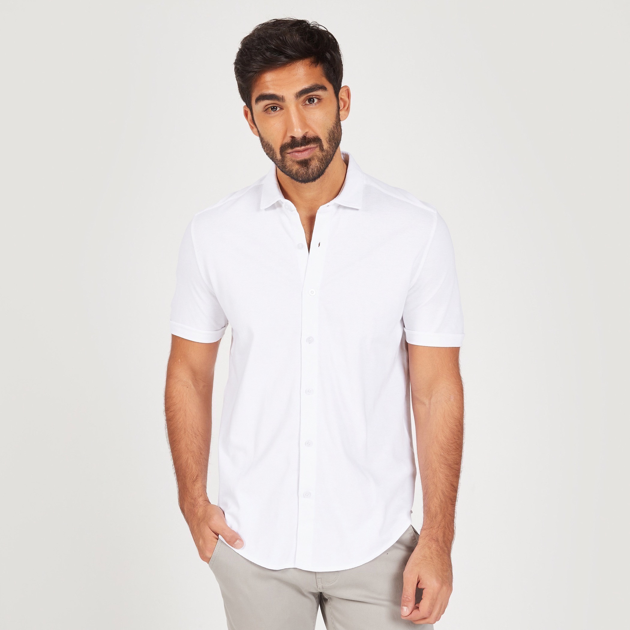 Solid Shirt with Short Sleeves and Button Closure-men-clothing-shirts-image-1