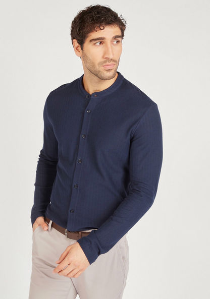 Herringbone Textured Shirt with Mandarin Collar and Long Sleeves-Shirts-image-0
