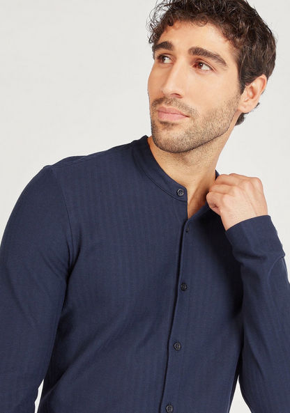 Herringbone Textured Shirt with Mandarin Collar and Long Sleeves-Shirts-image-2