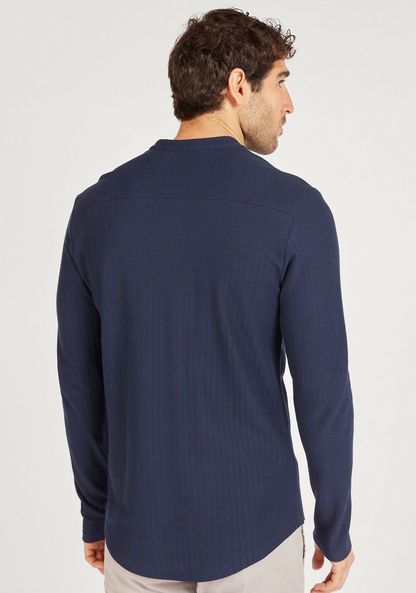 Herringbone Textured Shirt with Mandarin Collar and Long Sleeves-Shirts-image-3