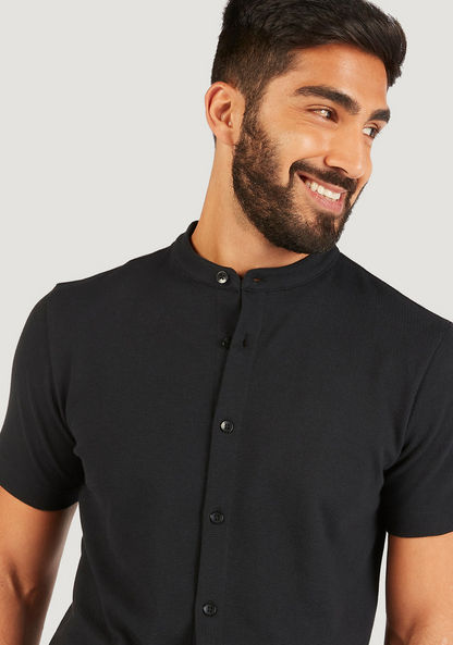 Textured Shirt with Mandarin Collar and Short Sleeves-Shirts-image-2