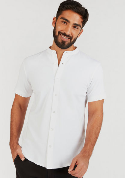 Textured Shirt with Mandarin Collar and Short Sleeves-Shirts-image-0