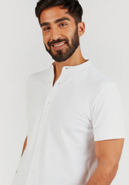 Textured Shirt with Mandarin Collar and Short Sleeves-Shirts-image-4