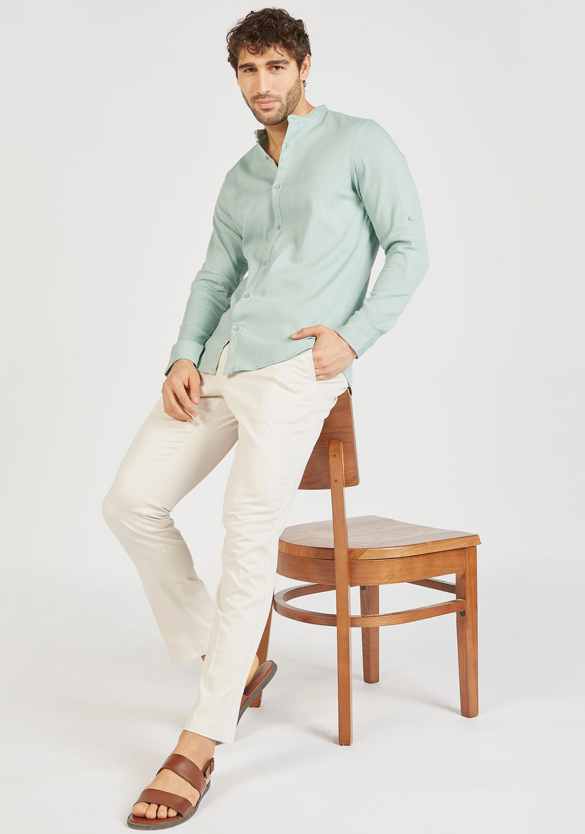 Solid Mandarin Collar Shirt with Long Sleeves and Button Closure-Shirts-image-0