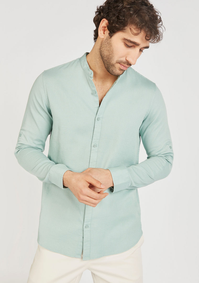 Solid Mandarin Collar Shirt with Long Sleeves and Button Closure-Shirts-image-1