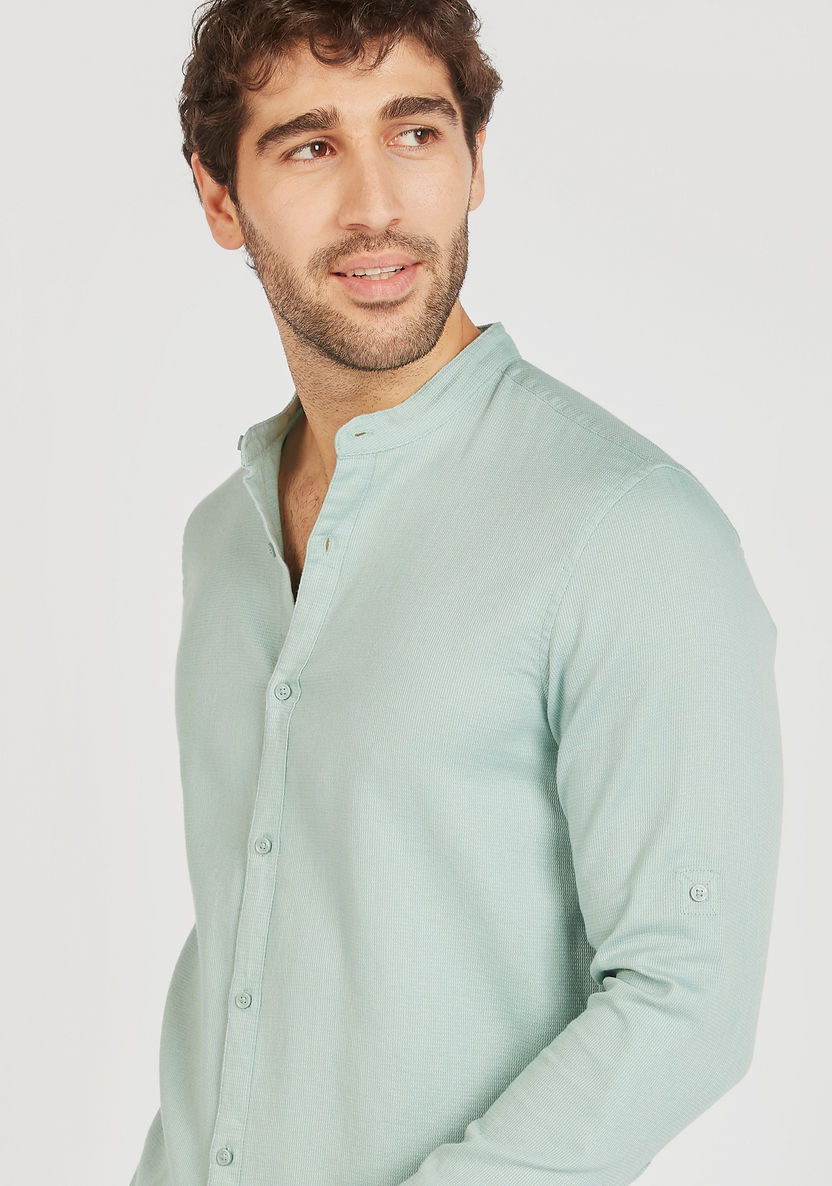 Solid Mandarin Collar Shirt with Long Sleeves and Button Closure-Shirts-image-2