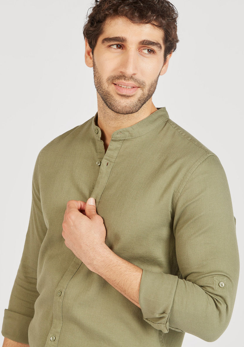 Textured Mandarin Collar Shirt with Long Sleeves and Button Closure-Shirts-image-4