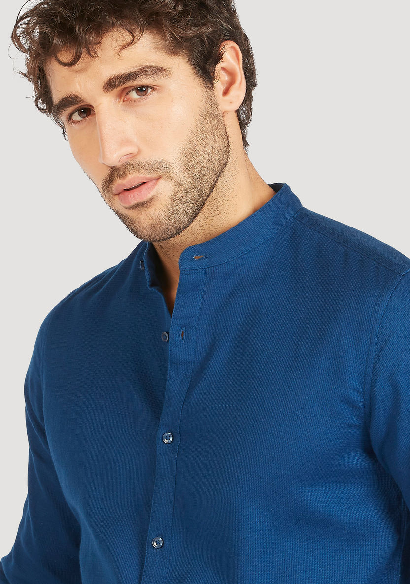 Textured Mandarin Collar Shirt with Long Sleeves and Button Closure-Shirts-image-0
