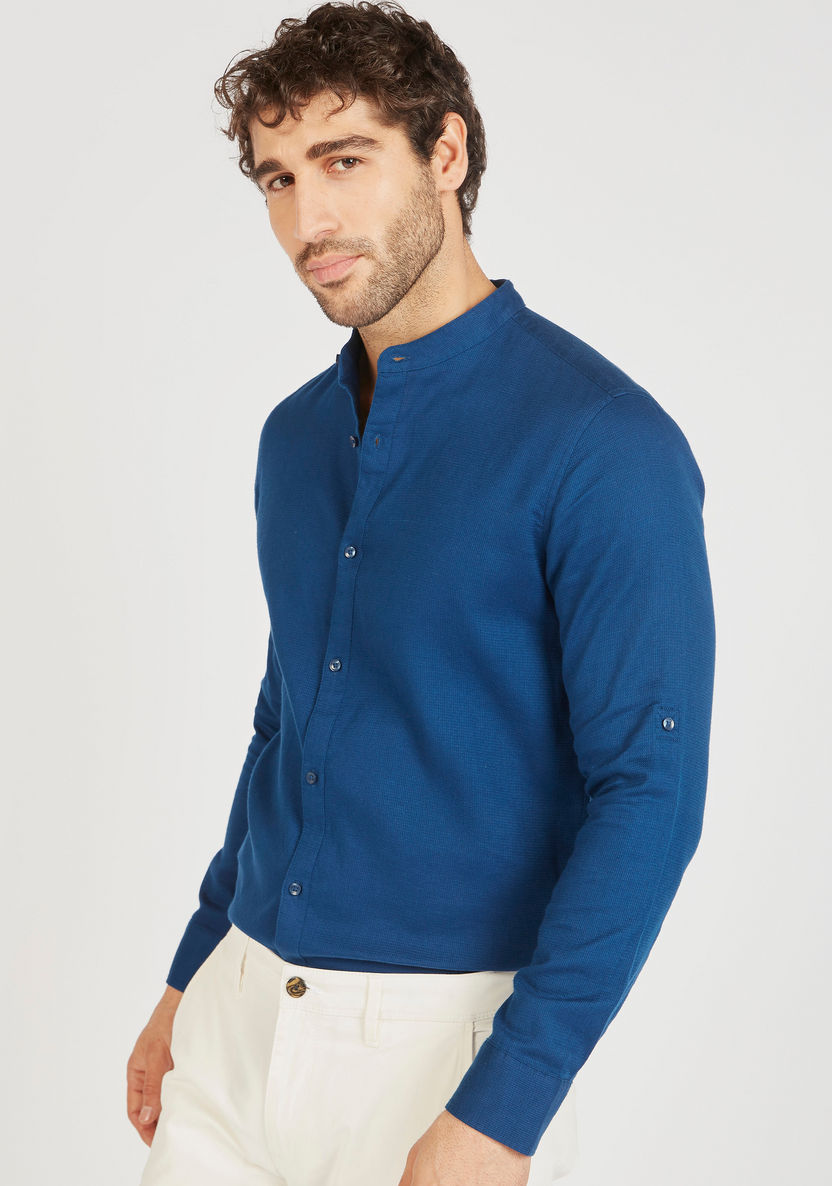 Textured Mandarin Collar Shirt with Long Sleeves and Button Closure-Shirts-image-2