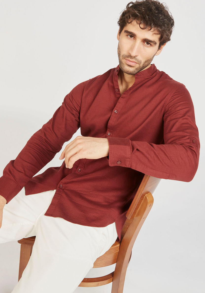 Textured Mandarin Collar Shirt with Long Sleeves and Button Closure-Shirts-image-0