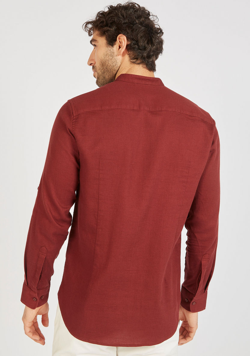 Textured Mandarin Collar Shirt with Long Sleeves and Button Closure-Shirts-image-3