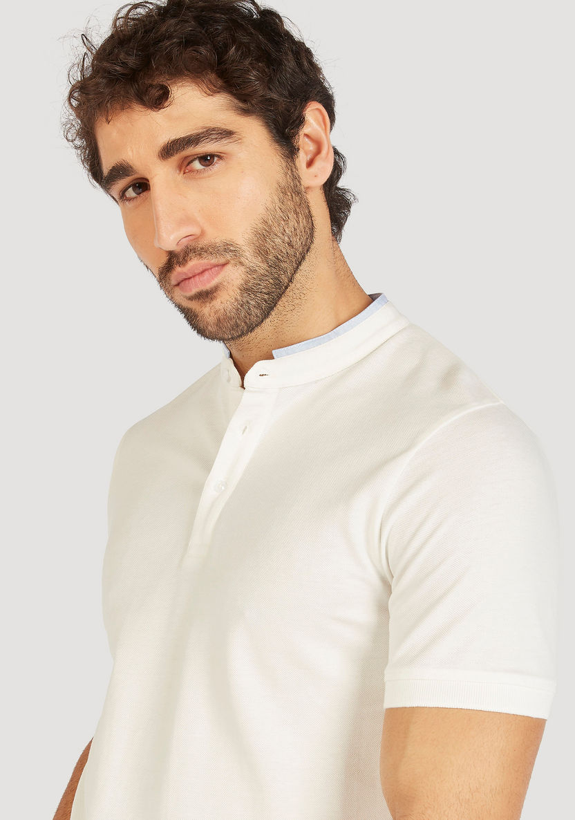 Solid Mandarin Neck Polo T-shirt with Short Sleeves and Button Closure-Polos-image-2