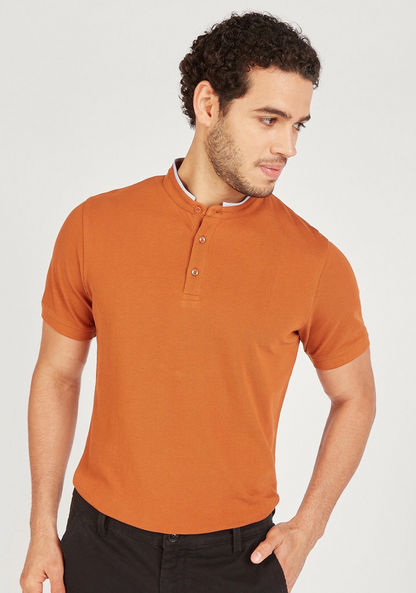 Solid Polo T-shirt with Mandarin Neck and Short Sleeves-Polos-image-0