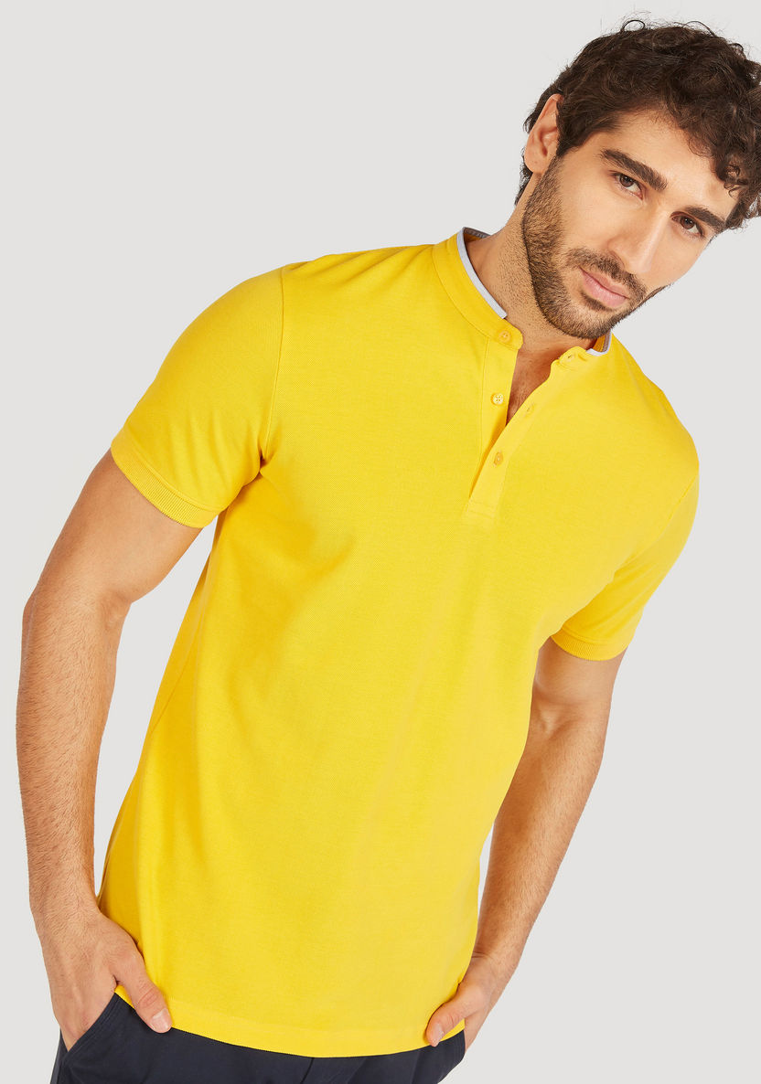 Solid Mandarin Neck Polo T-shirt with Short Sleeves and Button Closure-Polos-image-2