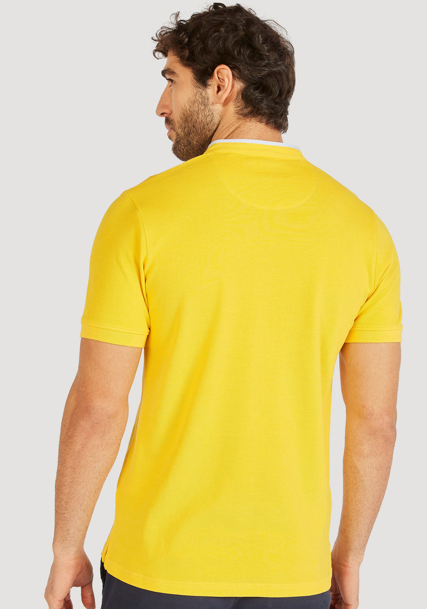 Solid Mandarin Neck Polo T-shirt with Short Sleeves and Button Closure-Polos-image-3