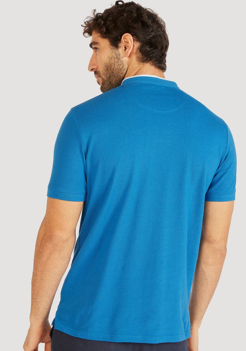 Solid Mandarin Neck Polo T-shirt with Short Sleeves and Button Closure-Polos-image-3